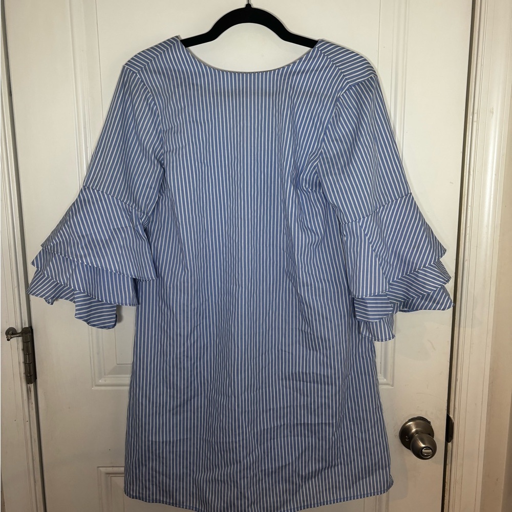 Blue Striped Ruffle Sleeve Dress